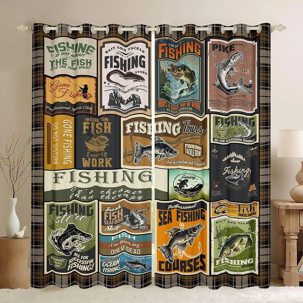 Feelyou 30%-50% Blackout Grommet Curtains - 2 Panels Vintage Fish All-Over Print Textile Drapes, Brown Green Animal Home Decoration Curtain for Bedroom, Dining Room, Note: Do Not Bleach