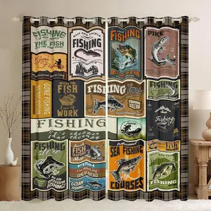 Feelyou Blackout Curtains - Vintage Fish Stamp Pattern Textile Drapes, Decorative Home Room Privacy Curtains (2 Panels, 30%-50% Blackout, Brown Green)