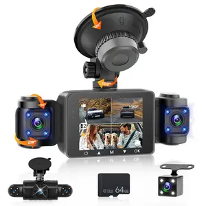 360 View 4 Channel Dash Cam Front and Rear Left Right Inside Camera for Cars, DVR Dashcam with 8 IR Night Vision, Wide Angle, 24H Parking Mode, G-Sensor, Included 64GB Card for Loop Recording