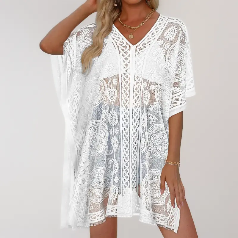 Women's Lace Bathing Suit Cover Up – V Neck Swimsuit Coverup, Loose Beach Dress for Summer, Crochet Lace Bikini Cover Up, Lightweight Resort Wear – S-XXL