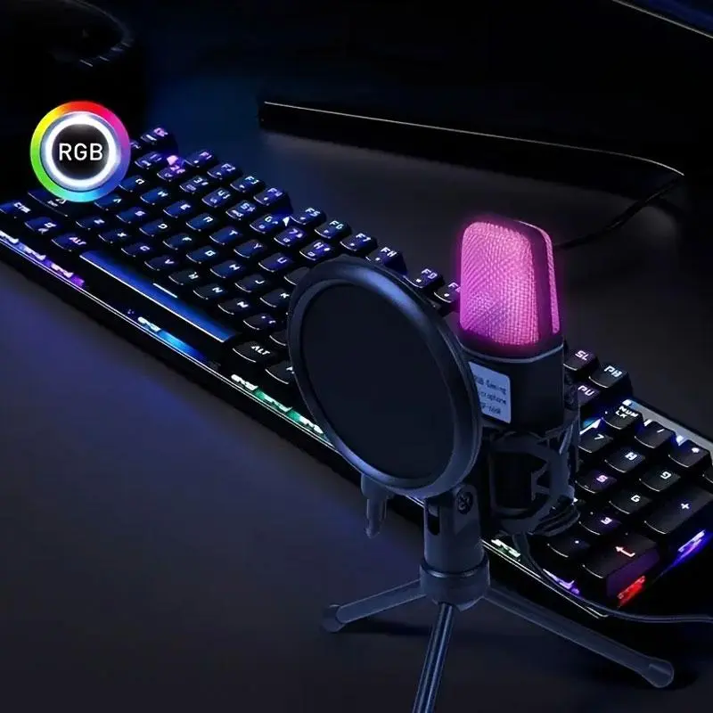 RGB Gaming Microphone, Singing Mic, 1 Set USB Wired Microphone with Stand, Portable Anti-noise Microphone for Music Recording, Live Streaming, Broadcast Recording