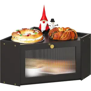 Corner Bamboo Bread Box for Counter Large Capacity Rustic Bread Container with Wavy Arcylic Transparent Door Vintage for Homemade Bread (Black)