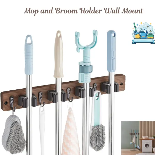 Wooden Mop and Broom Holder Wall Mount, Heavy Duty Broom Organizer with 4 Slots & 4 Hooks, Garden Tool Rack for Garage, Laundry Room, Closet, Kitchen Cleaning Supplies Storage