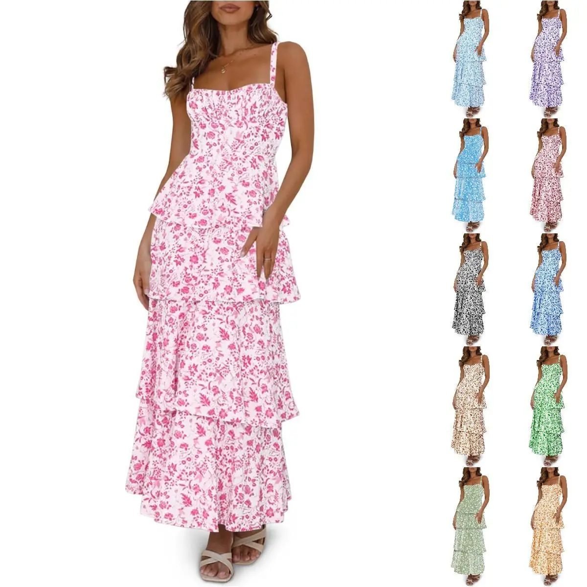 Imily Bela New Womens Floral Maxi Dresses Spaghetti Strap Casual Sleeveless Ruffle Flowy Tiered Dress Comfort Fit