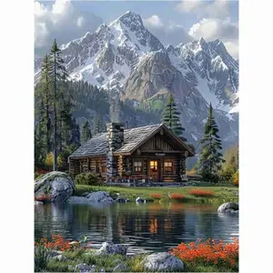 5D Full Drill Diamond Painting Kit - Mountain Cabin by Lake with Snowy Peaks, Round Acrylic Diamonds, DIY Art for Home Wall Decor, Ideal Gift for Nature & Craft Enthusiasts, Handicraft