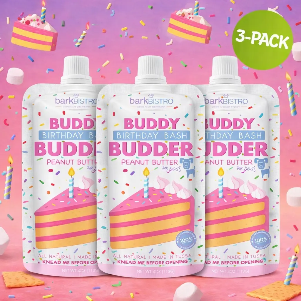 3pk Birthday Bash Buddy Budder Squeeze Pouch (4oz each)- All Natural Dog Peanut Butter, Perfect with Dog Enrichment, Treating, Training, Traveling