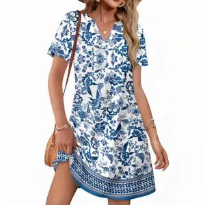 New Style Summer Casual V-Neck Loose Dress With Short Sleeves, Fashionable Beach Resort Outfit For Ladies