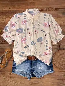 Boho Garden Style Women's Shirt, Summer Essential! Ruffled Hem + Vintage Print, Beach, Daily, Brunch Date Wear
