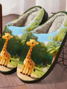 Autumn Winter Cartoon Giraffe Pattern Warm Anti-Slip Indoor Cotton Slippers for Adults, Cute Textile Shoes, Fall & Winter