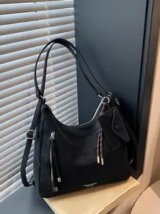 Functional style dark color texture underarm bag, multi pocket design, with woven rope hanging decoration, retro multi back single shoulder crossbody bag, Fashionable shoulder bag, Cross Body Bags, suitable for commuting and gatherings