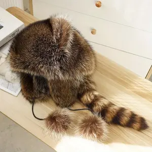 Retro Y2K 2026 Raccoon Tail Mood Hat, Soft Knit Cold Weather Accessory with Removable Mufflers & Detachable Fluffy Earmuffs, Hypoallergenic Cozy Cottagecore Hat, Machine Washable for Outdoor & Casual Wear, Tail Accent