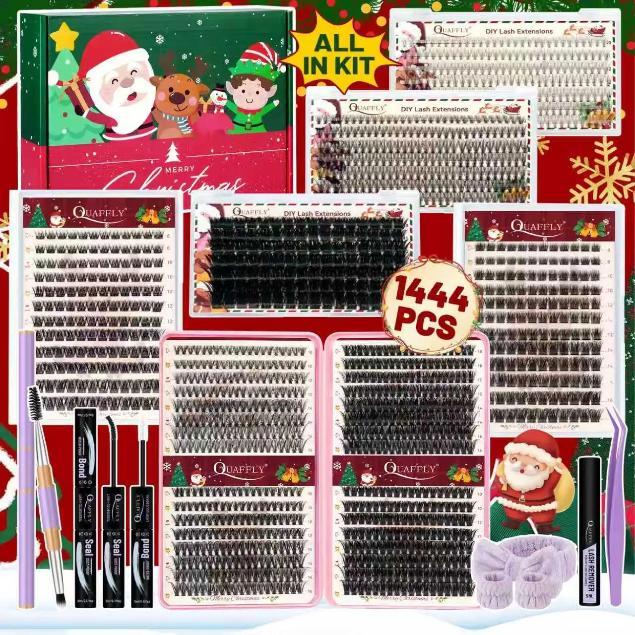 Christmas Eyelash Set, Eyelashes Extension Kit, Eyelash Kit DIY Lash Extension Kit Eyelash Extensions Set 1444Pcs 8-16mm Lashes Clusters with Lash Bond and Seal Lash Remover Brush Headband Wristband Tweezers Makeup Tool for Beginners Eyelash Extension