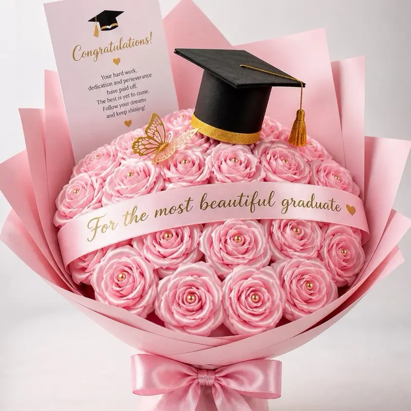 Graduation Ribbon Rose Bouquet  | Eternal Satin Roses Gift | Custom Message Gift for Her