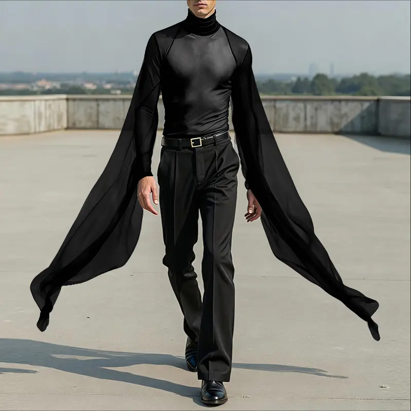 INCERUN Men's High-Neck Goth Woven Top - Fitted Body, Soft Chiffon Feels Gentle Long Sleeves, Goth Chic Flow - Cosplay Costume for Modern Dance Stage Wear, Figure Skating - Menswear Top