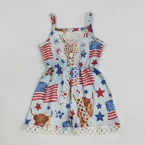 4th of July American Flag Cow Lace Summer Girls Jumpsuit