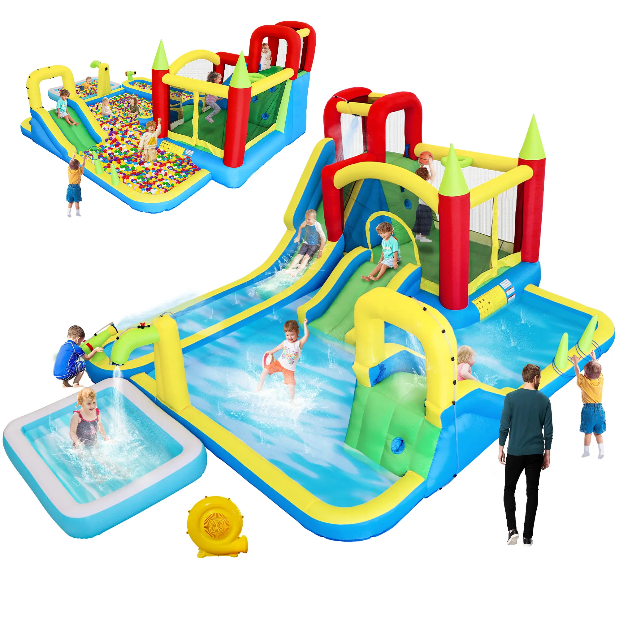 11 in 1 Inflatable Water Slide Park, Wet & Dry Bounce Castle with Trampoline, Climbing Wall, Large Pool, Water Gun, Basketball Hoop & Ring Toss, Outdoor Backyard Inflatable Playhouse for Kids, Kids Outdoor Play, Outdoor Stuff For Kids, Outdoor Kids Stuff,