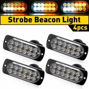 4-Pack 12 LED Amber/White Strobe Lights Vehicles Trucks Emergency Strobe Lights Kit 12V -24V Warning Hazard Flash Strobe Lights Bar Grill Grille Surface Mount Super Bright Waterproof, Amber/White