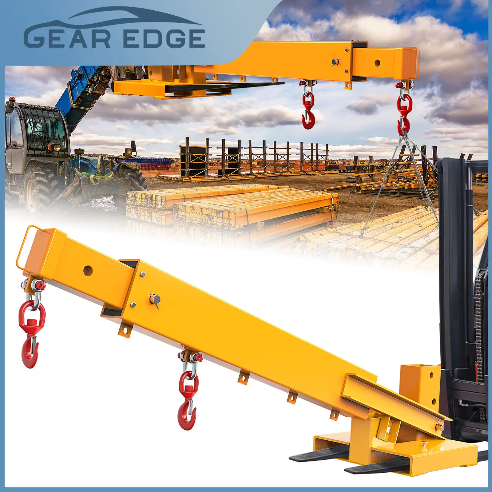 YINTATECH Forklift Mobile Crane 6000lbs/3T Capacity Adjustable Hoist Pivoting Forklift Jib Boom Crane Forklift Lifting Attachment 2 Hooks Hoisting Attachment for Forklift