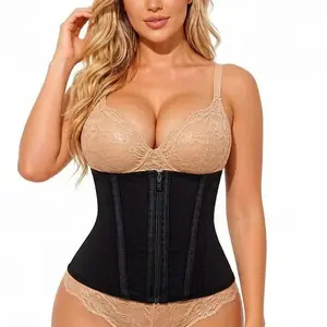 Women's waist zipper shaping corset moldeador for slimming and toning the abdomen. Tight-fitting abdominal control shaping garment. Basic black women's waistband.