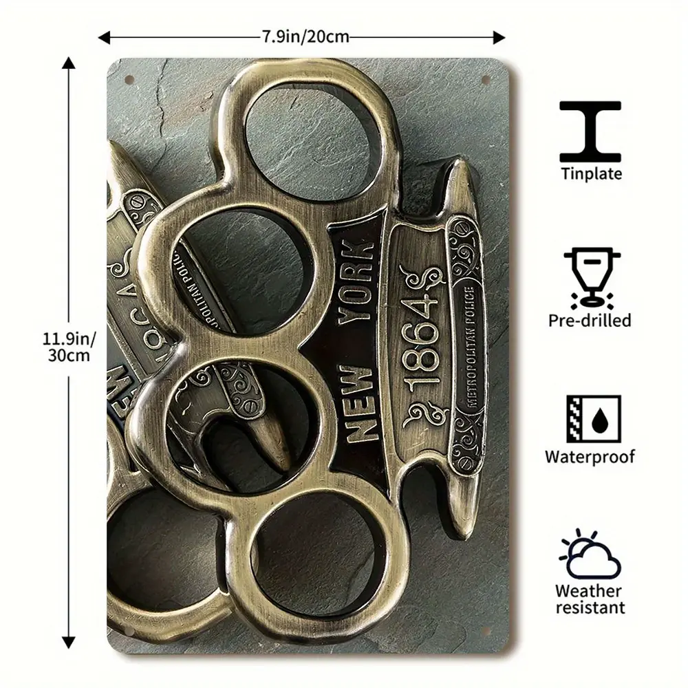 Vintage NYC 1865 Brass Knuckle Metal Tin Sign|   Bohemian Style|   Durable Iron Wall Art with Rounded Corners & Pre-Drilled Pin Holes|Multi-Use for Home, Bar, Cafe, Garage| Indoor/Outdoor Decor, Metal Wall Art Decor 8X12inch Decorative Hanging Decoration