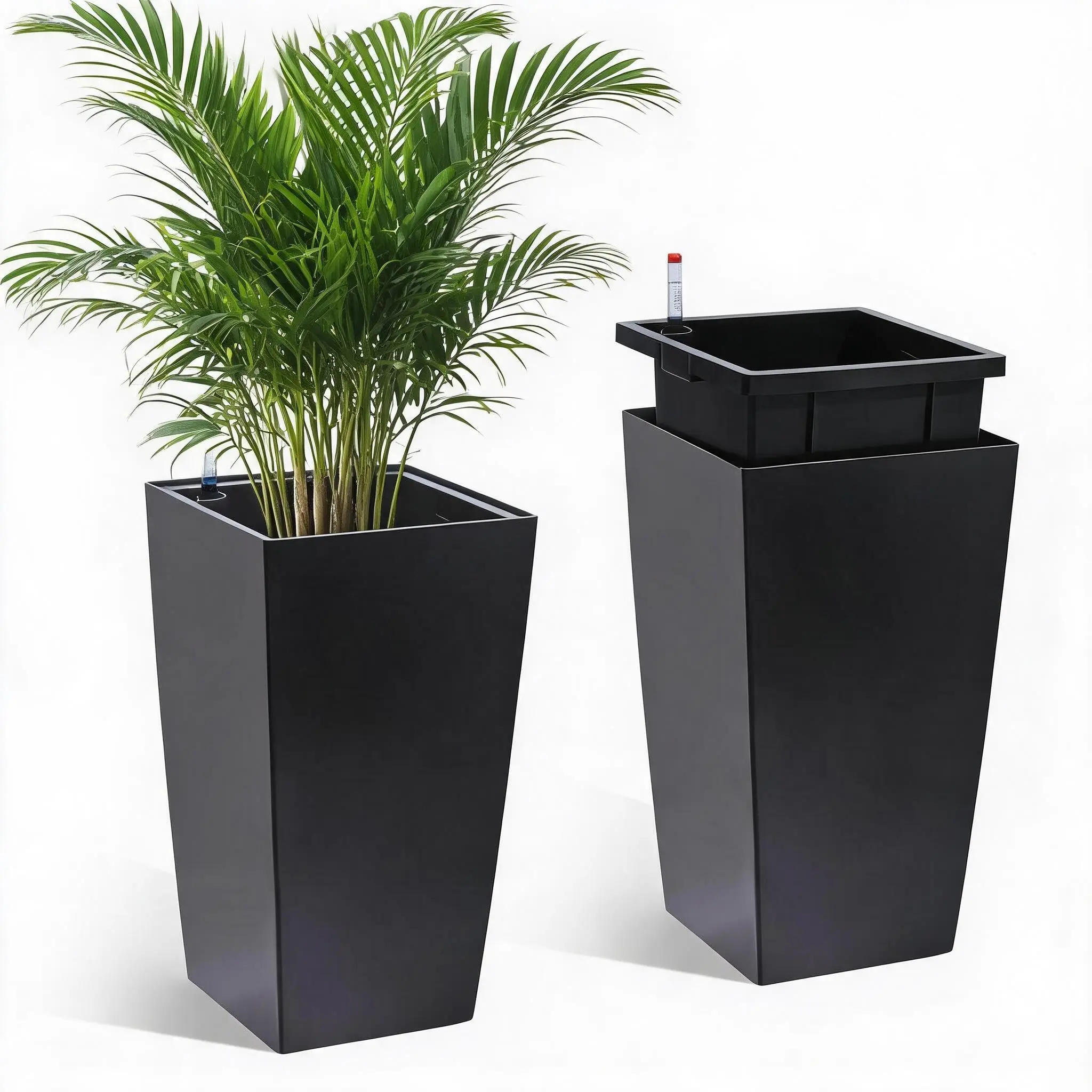 Garvee 16-Inch Tall Rectangular Planters (Set of 2) - Large Modern Plant Pots with Drainage Holes, Water Monitor, Wheels for Patio/Porch, Living Room