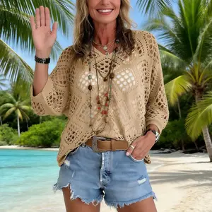 Women's Bohemian style beige crochet top, V-neck casual chic diamond pattern hollowed out bat sleeves women's sweater cover knit sweater Mother's Day giftRAIMENTRY