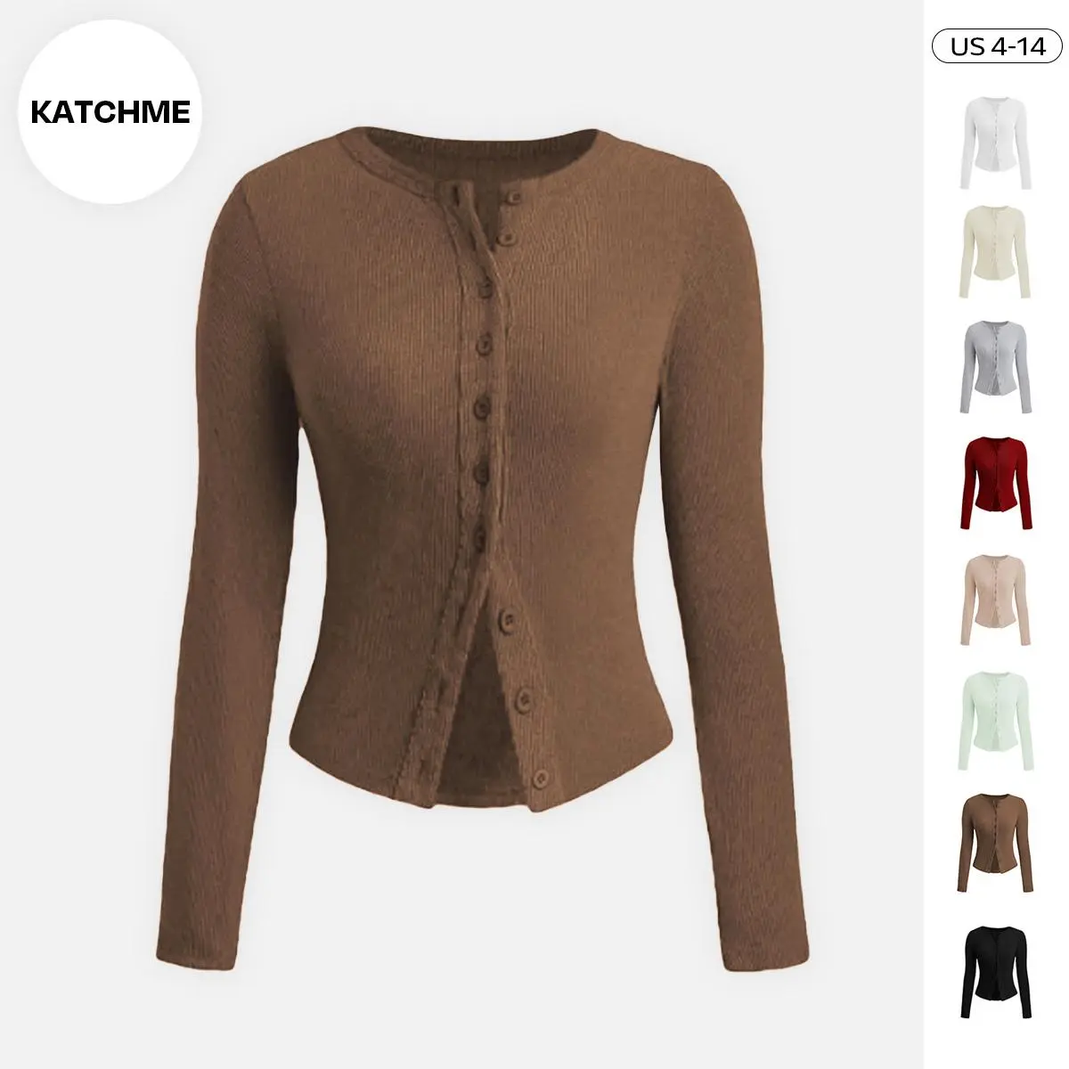 KatchMe Women's Solid Color Button Front Ribbed Cardigan, Casual Long Sleeve Round Neck Knitwear for Fall & Winter, Basic Tops Womenswear