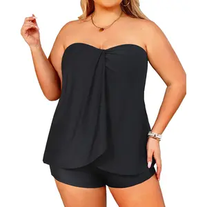 Daci Plus Size Bandeau Tankini Swimsuit for Women Two Piece Halter Swim Top with Shorts Flyaway Tummy Control Bathing Suits