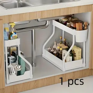 Sliding Under-Sink Organizer Box, Durable Metal Construction Storage Rack, Space-Saving Adjustable Multi-Functional for Kitchen & Bathroom, Adjustable Shelf