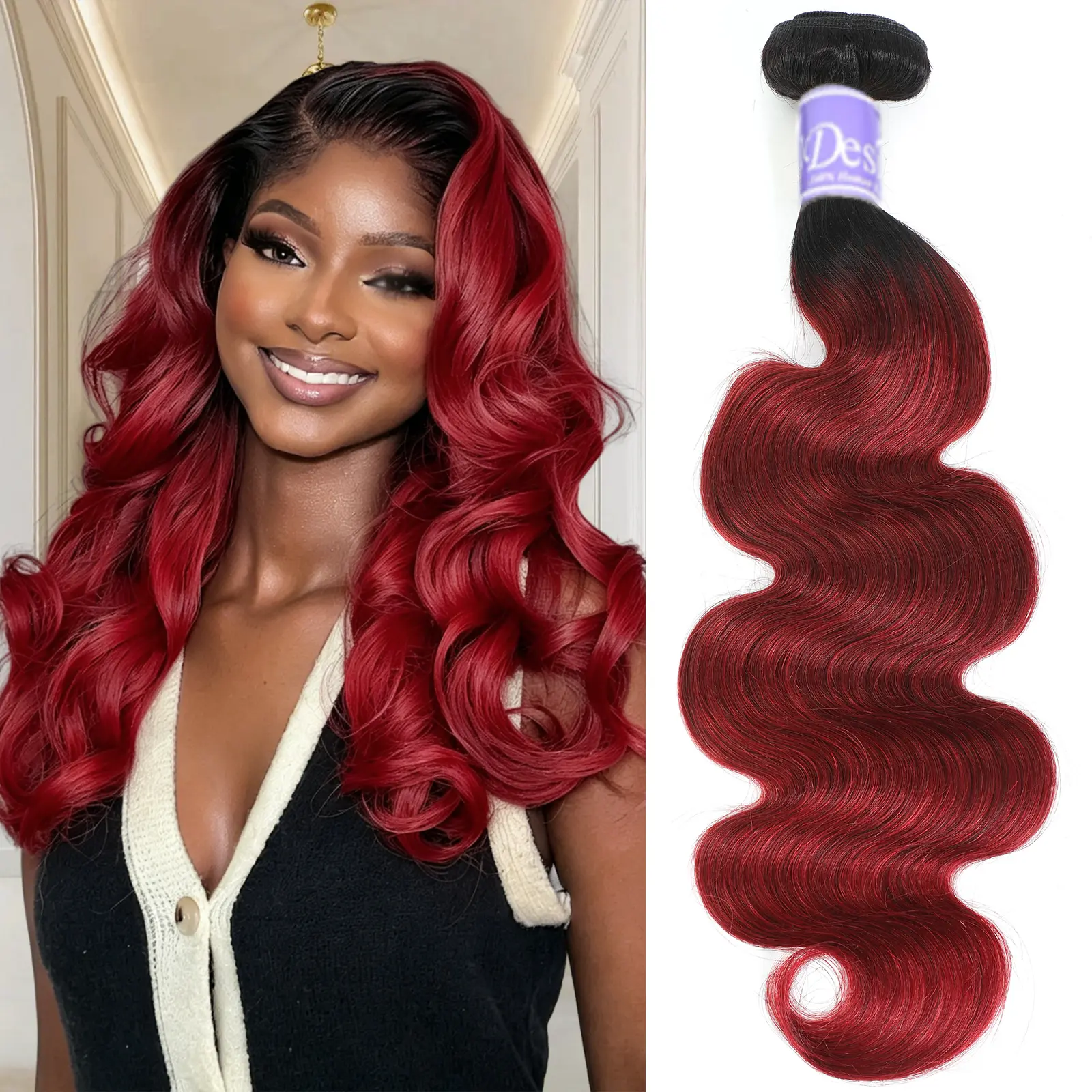 [UDesire] 16A Ombre Burgundy Human Hair Bundles 1B/99j Body Wave Bundles Two Tone Black and Wine Red Bundles 14-26Inch Ombre Burgundy Bundles Double Weft Hair Weave 100g/Pc
