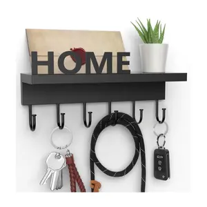 Key Holder Wall Mount Key Hooks Entryway Shelf Keys Rack Key Shelf with 6 Metal Hooks Mail Holder, Wooden Shelf, Black (Length: 9.8 Inches)