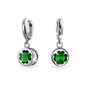 Luck of the Irish Shamrock Green CZ Clover Dangle Earrings Silver Lever back