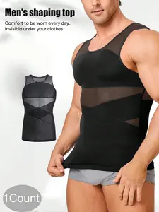 1 Count X-Shape Back Design Breathable Mesh Vest, Compression Shirt Slimmer Body Shaper Tank, Tummy Control Shapewear Tee For Men, Sporty Waist Slimmer, Suitable For Training Or Sports