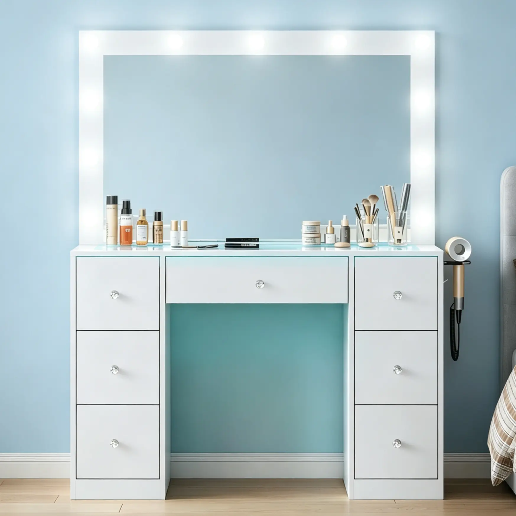 CollaredEagle Modern Makeup Vanity Set - Vanity with Mirror, 11 Backlit Adjustable Lights, Power Outlet, USB Ports, 7 Drawers, White Indoor Bedroom Furniture, Gift for Girlfriend,dorm essentials,home decor