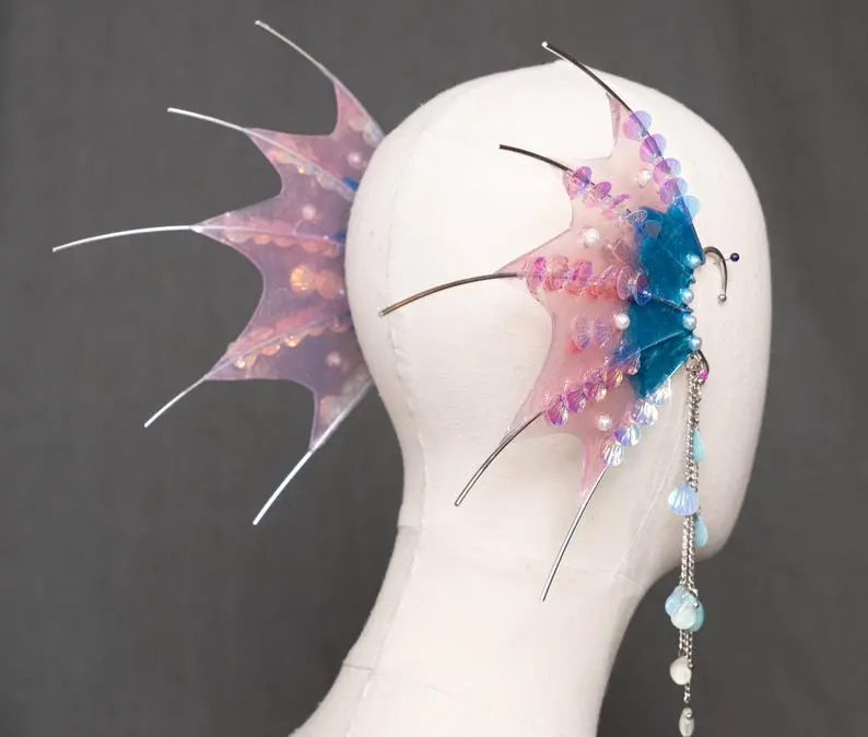 Ship after 04/20 | Mermaid ears, pink and blue, resin, fish fin ears, Siren ears, Merfolk ears, ocean bridal headdress, beach wedding, sea