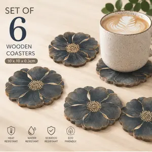 6PCS Minimalist Grey Flower Petal Wood Coasters Set – 4 Inch Round Non-Slip Heat Resistant Drink Coasters for Coffee Table & Shelf Decor – Modern Farmhouse Kitchen Dining Accent – Reclaimed Wood Home Decor