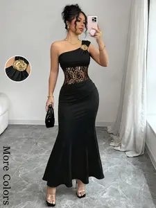 Women's Summer Black Lace Patchwork Dress, Asymmetrical Neckline Design, Elegant One-Shoulder Evening Gown/Bodysuit, Suitable for Weddings and Parties, Formal Guest Attire