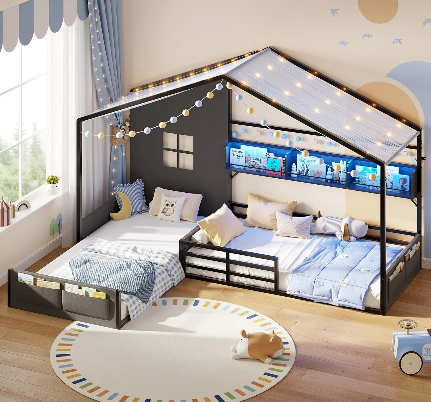 ADORNEVE Double Twin Size L-Shaped Montessori Metal Frame Floor Bed - Corner House Design, Play Tent, LED Lights, Storage Bookshelf, Full Safety Guardrails, Modern Loft Style