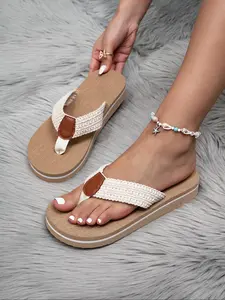 Women's Boho Style Rhinestone Decorated Slides, Casual Comfortable Flat Sandals for Beach, Fashionable Barefoot Shoes for Indoor & Outdoor Wear, Summer