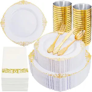 95-Piece & Gold Plastic Dinnerware Set, Reusable Plates, Bowls, Plastic Dessert Cups, Disposable Cups, Napkins, Perfect for Halloween, Christmas, Wedding Parties