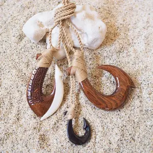 Moana Koa Wood & Bone Fish Hook Necklace