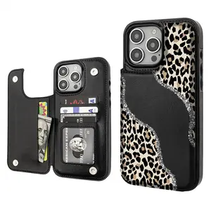 Stylish Leopard print Pattern Phone Cases Compatible For With iphone 17 16 15 14 13 12 PRO PLUS MAX AIR PU Black Brown Pink Durable Flip High quality Leather Credit Card Bag Holder Mother Gift Wallet Shockproof Anti-Drop Full Protection Shell Cover