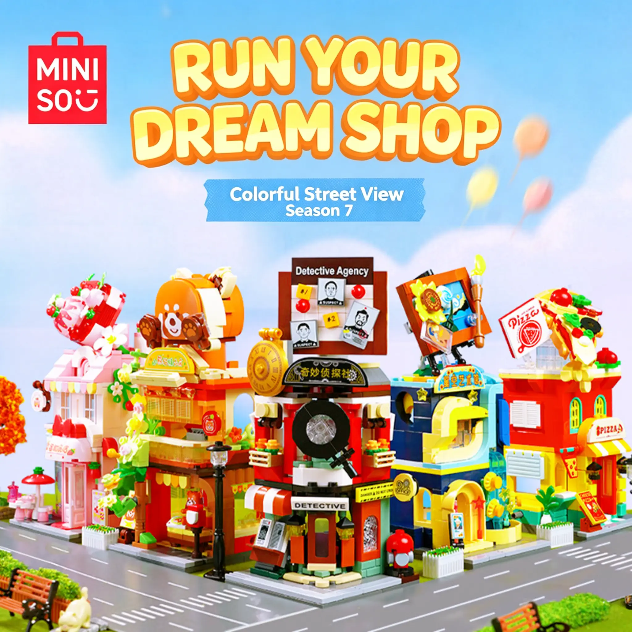 MINISO Vibrant Street Scene Interlocking Plastic Bricks Building Blocks Set - Multiple Colors & Shapes Colorful Model Kit, STEM Educational Toy, Puzzle Gift for Ages 6+ Kids, Anime Decor, Interlocking Structure Model Building Kits,Back to school