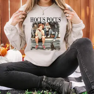 90s Halloween Witch Sweatshirt – Retro Girls on Porch Graphic, Cozy Fall Crewneck