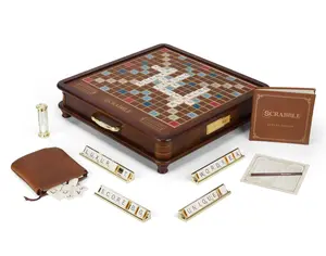 WS Game Company Scrabble Luxury Edition with Rotating Wooden Game Board and Burl Wood Veneer Cabinet for 2 to 4 Players, Ages 8+