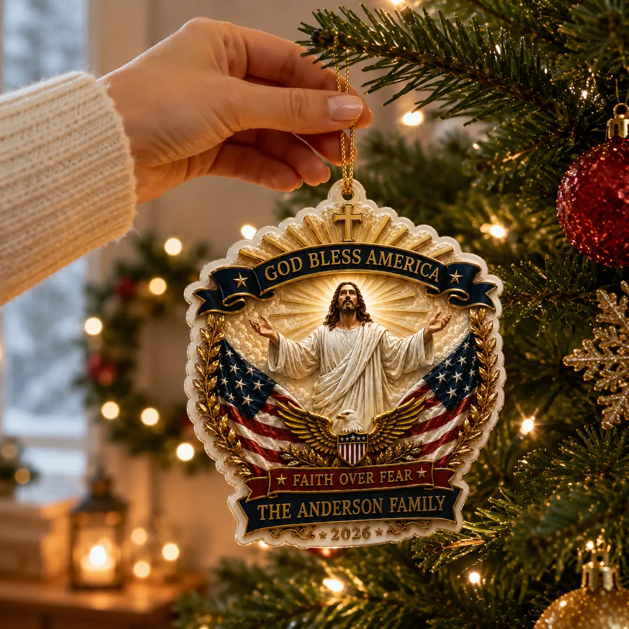 2026 Personalized Botanical Acrylic Round Print Christmas Ornament - God Bless USA 250th Anniversary, Custom Family Name Home Decoration, Multi-Size Holiday Gift