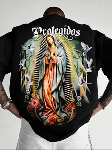 Men's Letter & Guadalupe Print Round Neck Graphic Tee, Oversized Loose Casual Short Sleeve T-shirt for Daily Wear, Men's Top for All Seasons, Casual Streetwear Top, Casual Graphic Design, Baggy, Artwork Tee