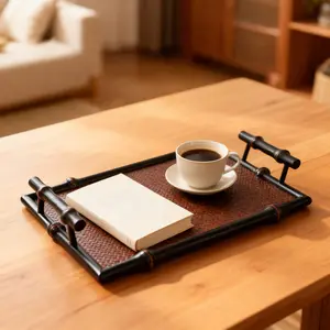 Handmade Bamboo Square Tray Natural Woven Serving Plate Vintage Design Non-Slip Waterproof for Kitchen Cafe Dessert Shop