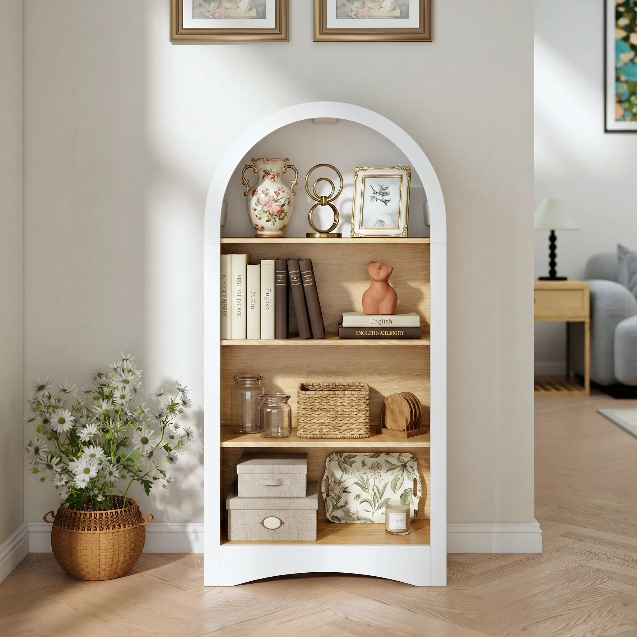 Spaco 47" White Arched Bookcase – 4-Tier Freestanding Display Cabinet with Woodgrain Shelves, Small Space Accent Storage Rack for Living Room, Bedroom & Entryway