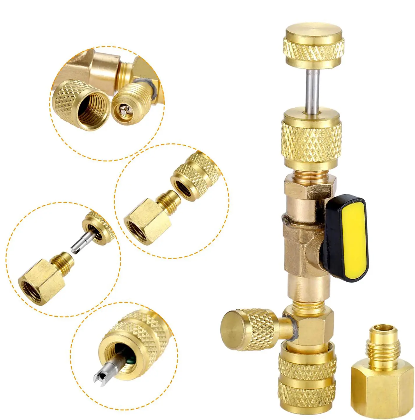 100% Brand New High Quality HVAC R410A & R22 AC Valve Core Remover Installer Tool with Copper Adapter, Dual SAE 1/4" & 5/16" SAE Female Ports, Easy Quarter-Turn Operation Tire Repair Kit, Hvac Tool